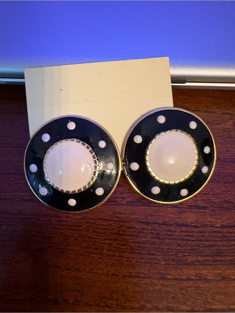 Vintage Black and White Polka Dot Disc Earrings - Vintage